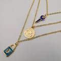 24K Gold Plated 3 Layer [Coin + Blue Key + Turquoise Lock] Necklace