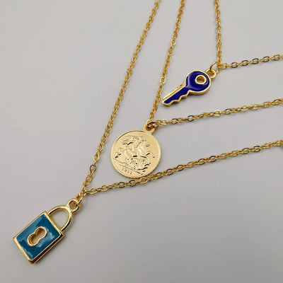 24K Gold Plated 3 Layer [Coin + Blue Key + Turquoise Lock] Necklace