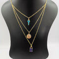 24K Gold Plated 3 Layer [Coin + Turquoise Key + Blue Lock] Necklace