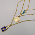 24K Gold Plated 3 Layer [Coin + Turquoise Key + Blue Lock] Necklace