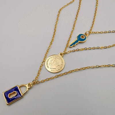 24K Gold Plated 3 Layer [Coin + Turquoise Key + Blue Lock] Necklace