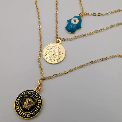 24K Gold Plated 3 Layer [Coin + Turquoise Hand + Vers.ace] Necklace