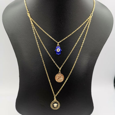 24K Gold Plated 3 Layer [Coin + Blue Hand + Vers.ace] Necklace