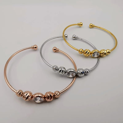 24K Gold Plated Stainless Steel Bracelet Set [3-Pieces] - Adjustable Size - Diamond Beads
