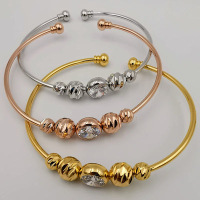 24K Gold Plated Stainless Steel Bracelet Set [3-Pieces] - Adjustable Size - Diamond Beads