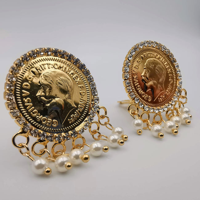 24K Gold Plated Coin White Beads Crystal Earrings
