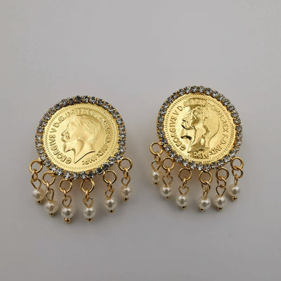 24K Gold Plated Coin White Beads Crystal Earrings