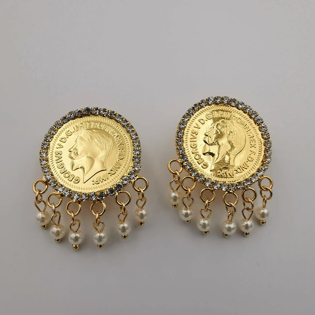 24K Gold Plated Coin White Beads Crystal Earrings