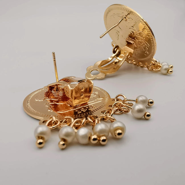 24K Gold Plated Coin Simple White Beads Earrings