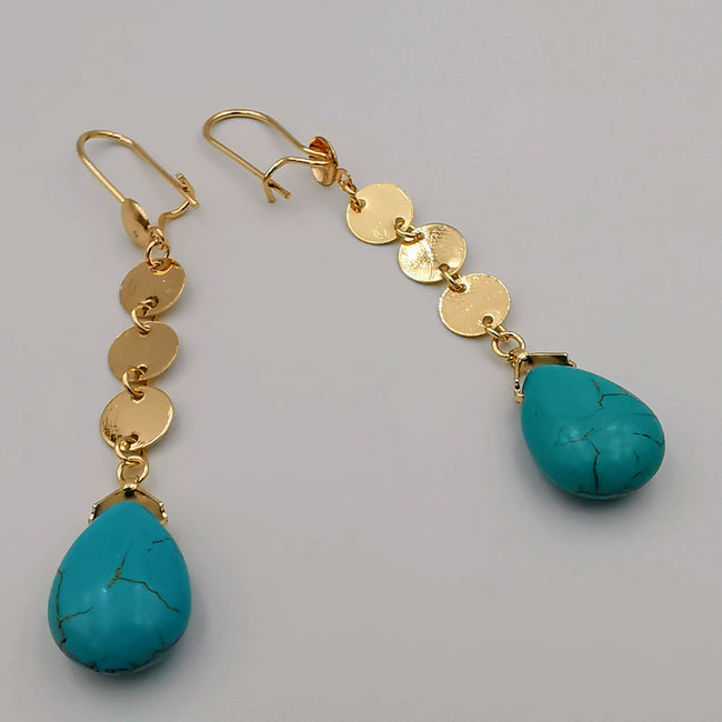 18K Gold Plated Turquoise Round Dangling Earrings