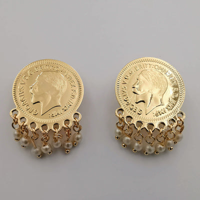 24K Gold Plated Coin Simple White Beads Earrings