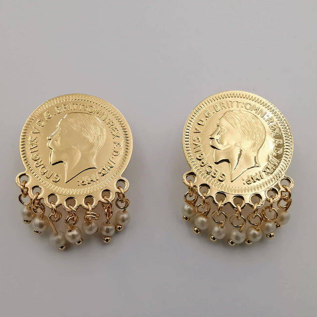 24K Gold Plated Coin Simple White Beads Earrings