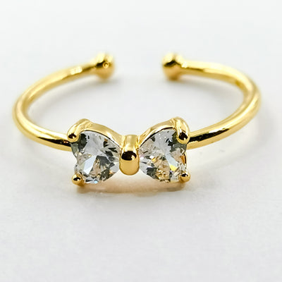 Bow Fashion Ring - Golden with 2 Heart Shaped Crystals - Offer Hunts